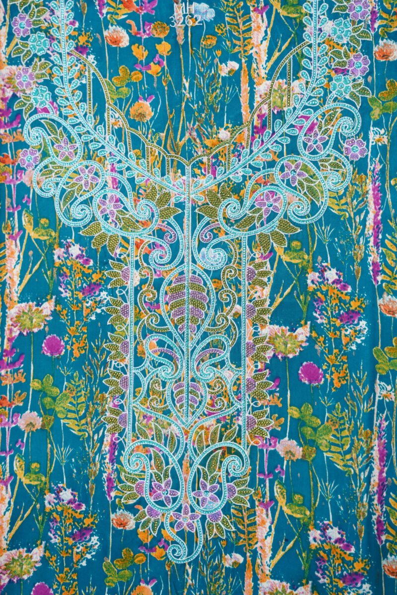 Beaded Floral Design on Teal Fabric - Image 2
